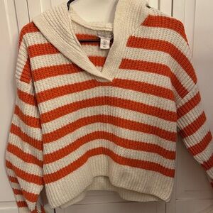 Sincerely Jules Cream & Orange Striped V-Neck Hoodie Sweater